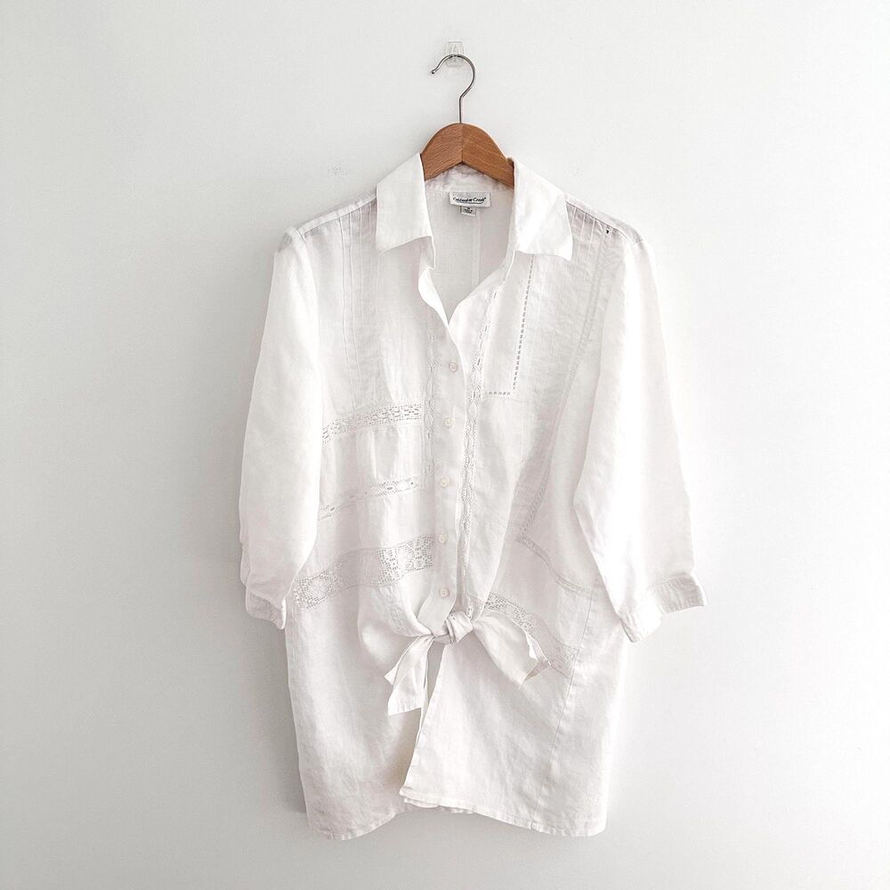 100% Linen Tie Front Blouse Cottagecore Lace Button Down Size Medium